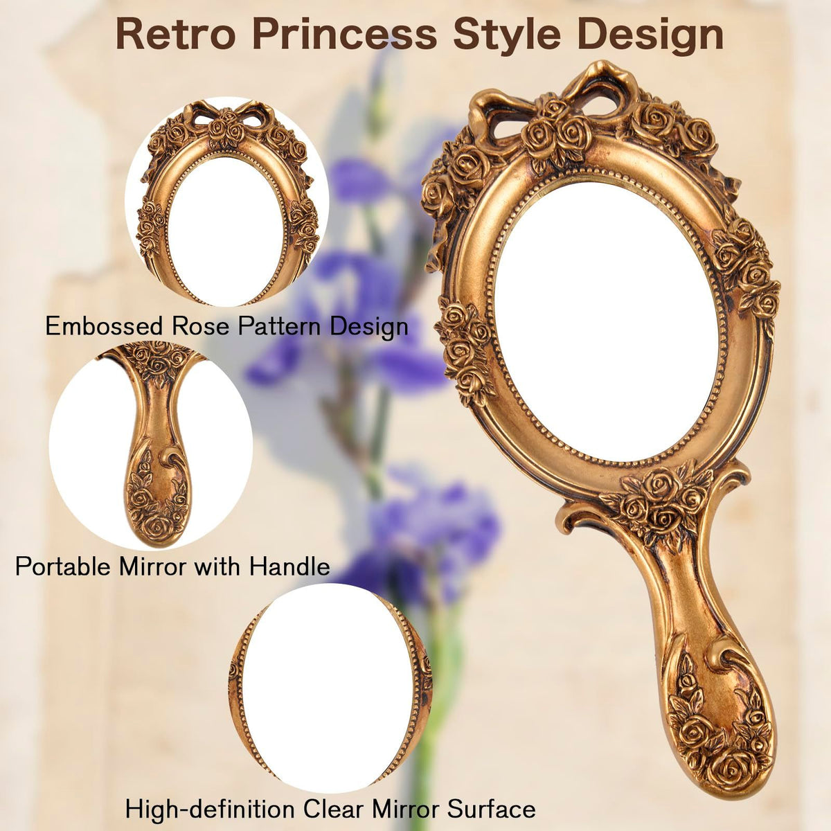 Vintage Handheld Mirror Embossed Flower Hand Held Mirror Makeup Mirror Vanity Mirror Decorative Cute Hand Mirror (Bronze)