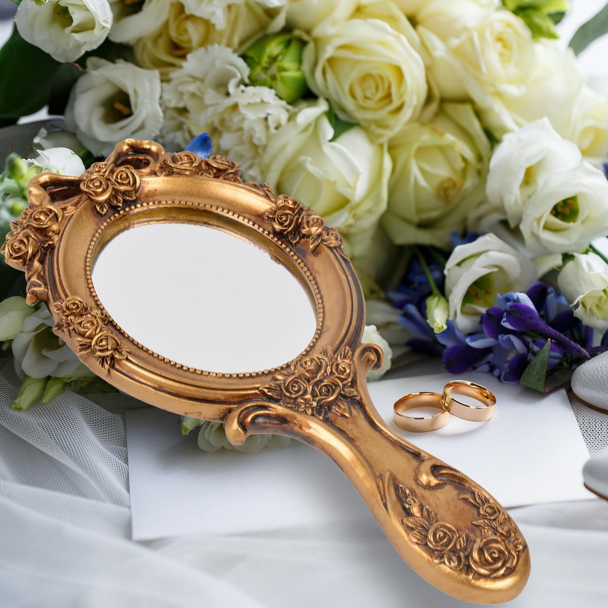 Vintage Handheld Mirror Embossed Flower Hand Held Mirror Makeup Mirror Vanity Mirror Decorative Cute Hand Mirror (Bronze)