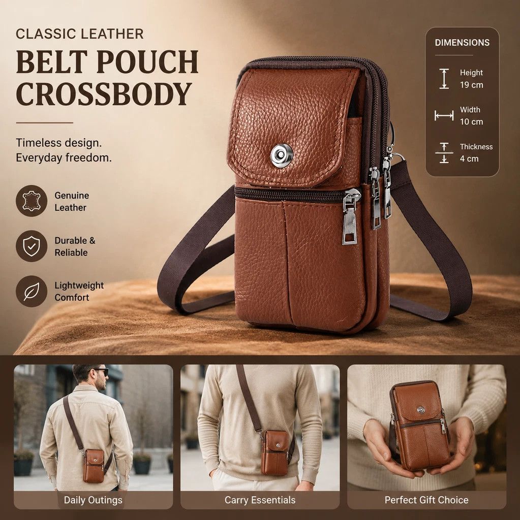 Timeless Leather Belt Mount Phone Holder, Daily Work Crossbody Carry Bag For Fathers, Light Tan