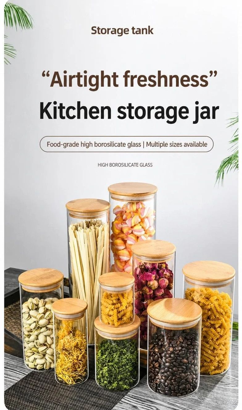 Clear Glass Food Storage Container, Sealed Bamboo Lid Kitchen Canister, 8.5cm*12cm, 550ml, Ideal Housewarming Present