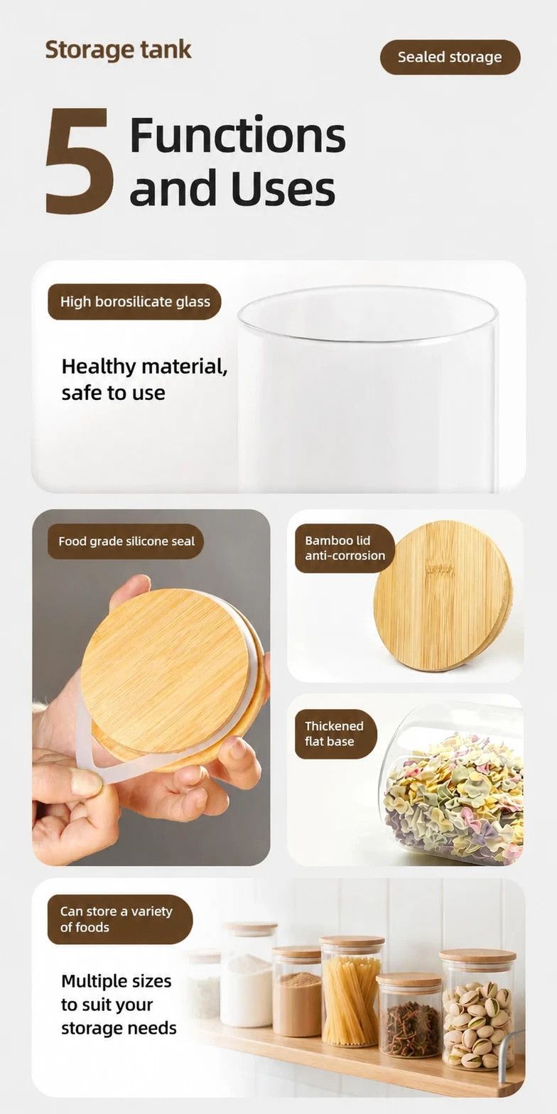 Clear Glass Food Storage Container, Sealed Bamboo Lid Kitchen Canister, 8.5cm*12cm, 550ml, Ideal Housewarming Present