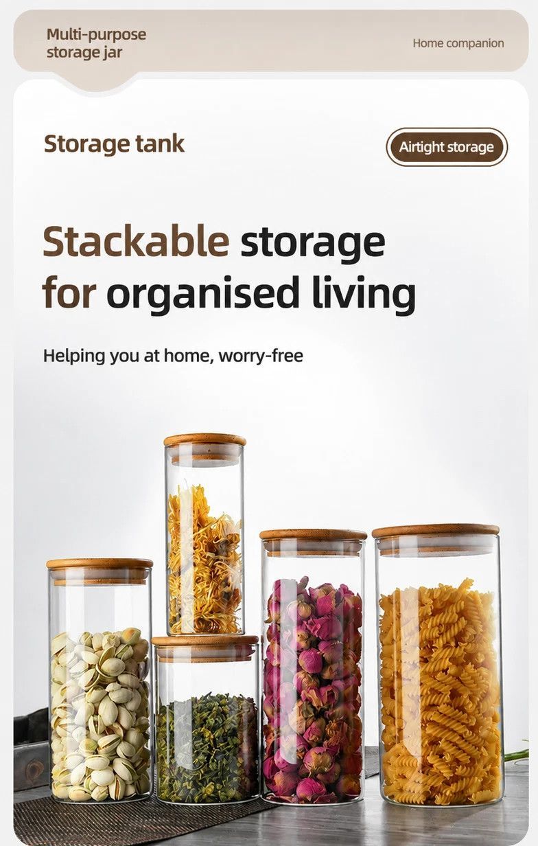 Clear Glass Food Storage Container, Sealed Bamboo Lid Kitchen Canister, 8.5cm*12cm, 550ml, Ideal Housewarming Present