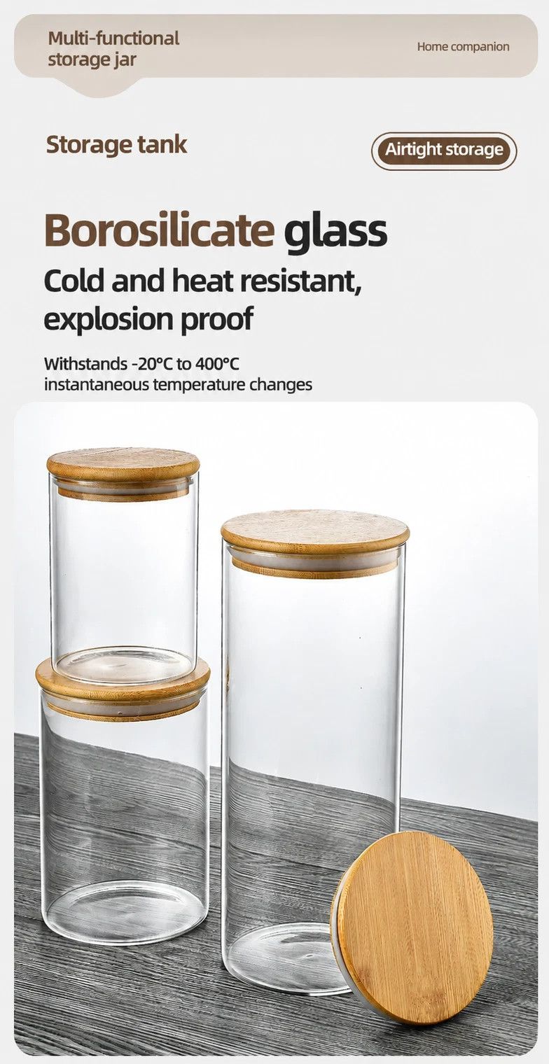 Clear Glass Food Storage Container, Sealed Bamboo Lid Kitchen Canister, 8.5cm*12cm, 550ml, Ideal Housewarming Present