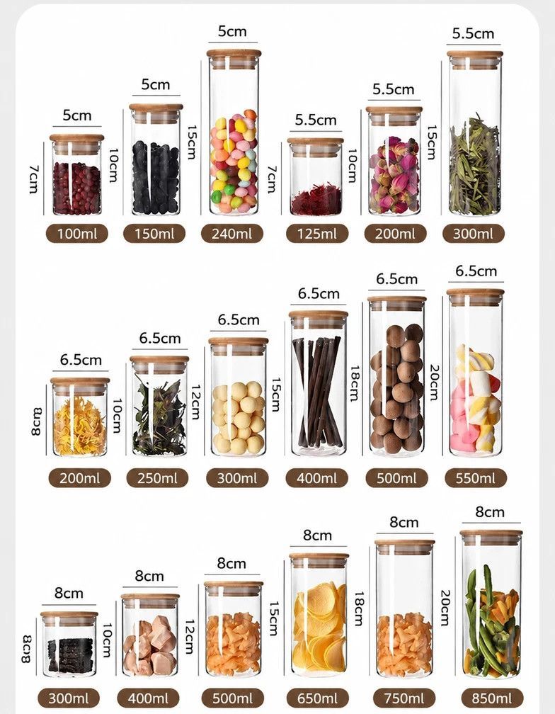 Clear Glass Food Storage Container, Sealed Bamboo Lid Kitchen Canister, 8.5cm*12cm, 550ml, Ideal Housewarming Present