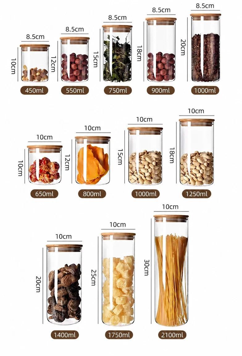 Clear Glass Food Storage Container, Sealed Bamboo Lid Kitchen Canister, 8.5cm*12cm, 550ml, Ideal Housewarming Present
