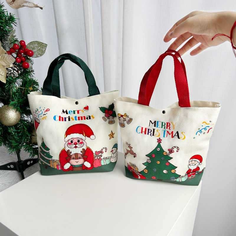 Christmas Gift Tote Bag, Cartoon Polyester Handbag, Reusable Shopping Sack for Xmas & Christmas Eve Gift Packing, Green Handle