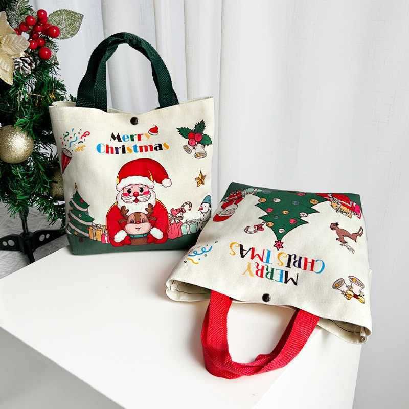 Christmas Gift Tote Bag, Cartoon Polyester Handbag, Reusable Shopping Sack for Xmas & Christmas Eve Gift Packing, Green Handle