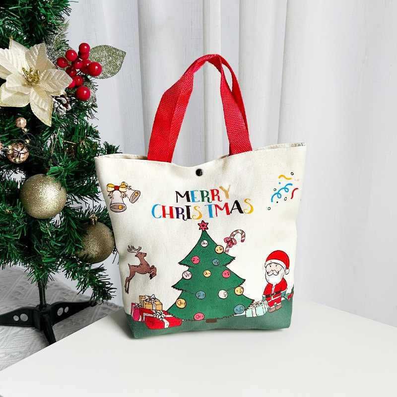 Christmas Gift Tote Bag, Cartoon Polyester Handbag, Reusable Shopping Sack for Xmas & Christmas Eve Gift Packing, Green Handle