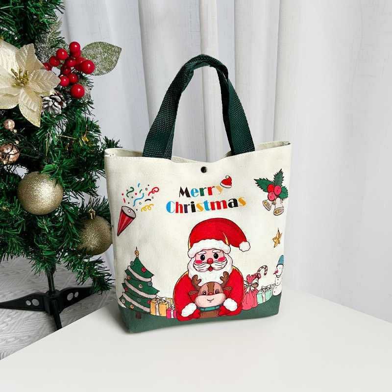 Christmas Gift Tote Bag, Cartoon Polyester Handbag, Reusable Shopping Sack for Xmas & Christmas Eve Gift Packing, Green Handle