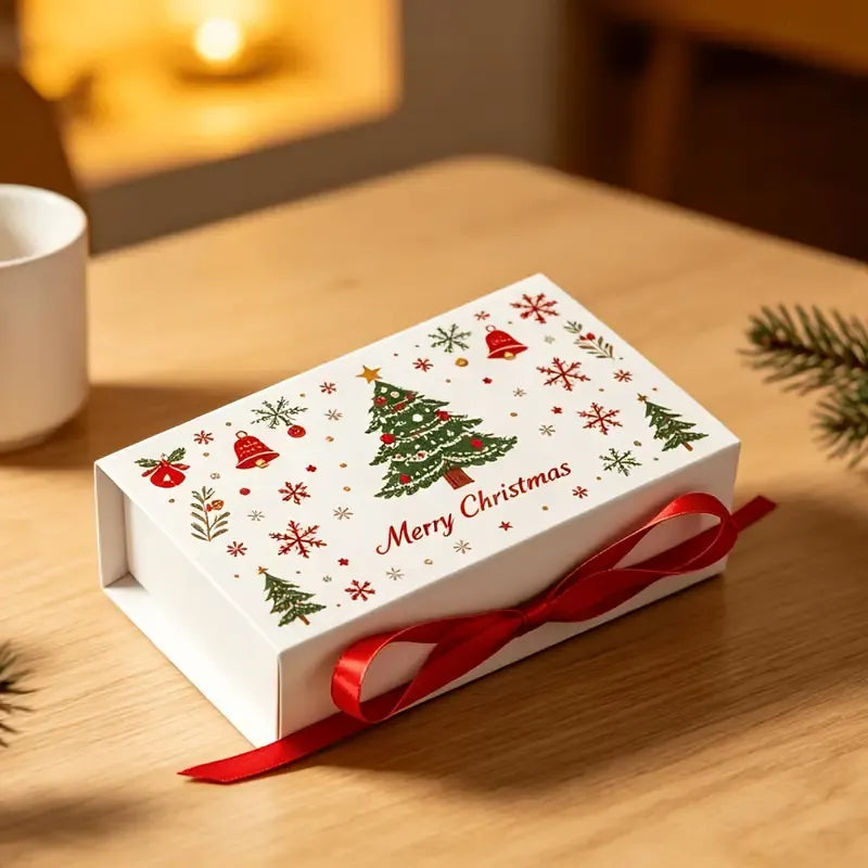 5pcs Christmas Gift Box with Ribbon, Rectangular Gift Box with Christmas Tree and Snowflake Print, Luxury Flip-Top Candy and Cookie Packaging Box, Suitable for Holiday Chocolates, Cookies, and Wedding Small Gifts./white