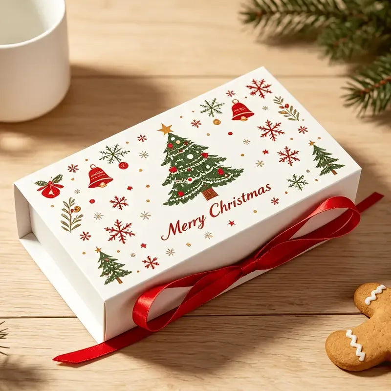 5pcs Christmas Gift Box with Ribbon, Rectangular Gift Box with Christmas Tree and Snowflake Print, Luxury Flip-Top Candy and Cookie Packaging Box, Suitable for Holiday Chocolates, Cookies, and Wedding Small Gifts./white