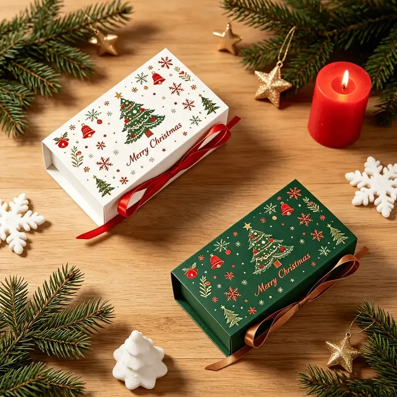 5pcs Christmas Gift Box with Ribbon, Rectangular Gift Box with Christmas Tree and Snowflake Print, Luxury Flip-Top Candy and Cookie Packaging Box, Suitable for Holiday Chocolates, Cookies, and Wedding Small Gifts./white
