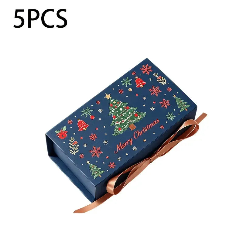 5pcs Christmas Gift Box with Ribbon, Rectangular Gift Box with Christmas Tree and Snowflake Print, Luxury Flip-Top Candy and Cookie Packaging Box, Suitable for Holiday Chocolates, Cookies, and Wedding Small Gifts./white