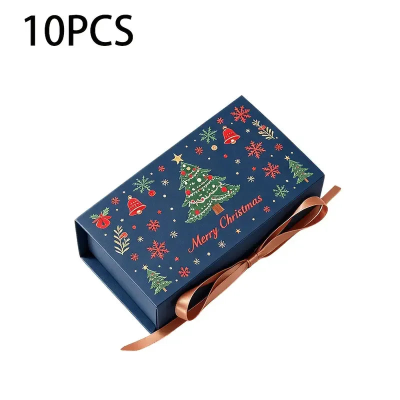 10pcs Christmas Gift Box with Ribbon, Rectangular Gift Box with Christmas Tree and Snowflake Print, Luxury Flip-Top Candy and Cookie Packaging Box, Suitable for Holiday Chocolates, Cookies, and Wedding Small Gifts./BLUE
