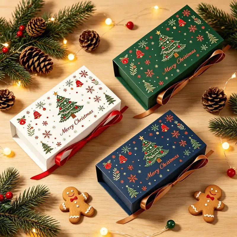 10pcs Christmas Gift Box with Ribbon, Rectangular Gift Box with Christmas Tree and Snowflake Print, Luxury Flip-Top Candy and Cookie Packaging Box, Suitable for Holiday Chocolates, Cookies, and Wedding Small Gifts./BLUE