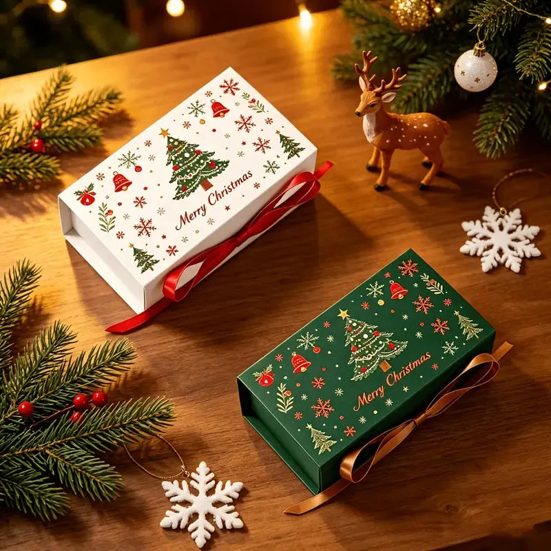 10pcs Christmas Gift Box with Ribbon, Rectangular Gift Box with Christmas Tree and Snowflake Print, Luxury Flip-Top Candy and Cookie Packaging Box, Suitable for Holiday Chocolates, Cookies, and Wedding Small Gifts./BLUE