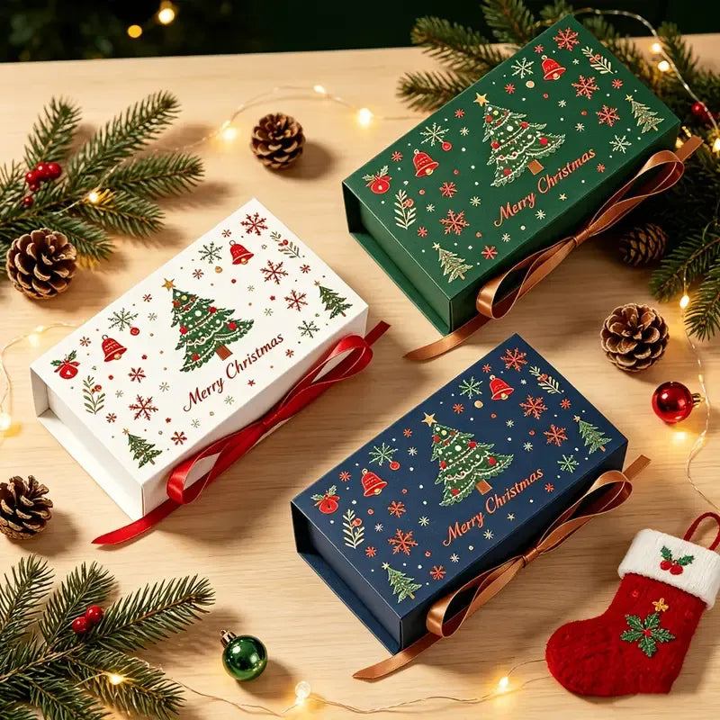 10pcs Christmas Gift Box with Ribbon, Rectangular Gift Box with Christmas Tree and Snowflake Print, Luxury Flip-Top Candy and Cookie Packaging Box, Suitable for Holiday Chocolates, Cookies, and Wedding Small Gifts./BLUE