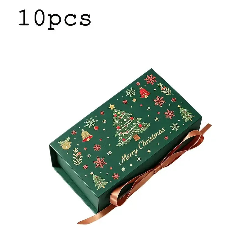 10pcs Christmas Gift Box with Ribbon, Rectangular Gift Box with Christmas Tree and Snowflake Print, Luxury Flip-Top Candy and Cookie Packaging Box, Suitable for Holiday Chocolates, Cookies, and Wedding Small Gifts./GREEN