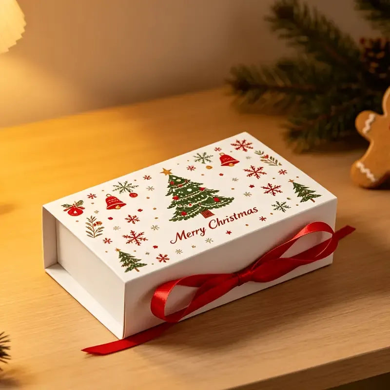 10pcs Christmas Gift Box with Ribbon, Rectangular Gift Box with Christmas Tree and Snowflake Print, Luxury Flip-Top Candy and Cookie Packaging Box, Suitable for Holiday Chocolates, Cookies, and Wedding Small Gifts./GREEN