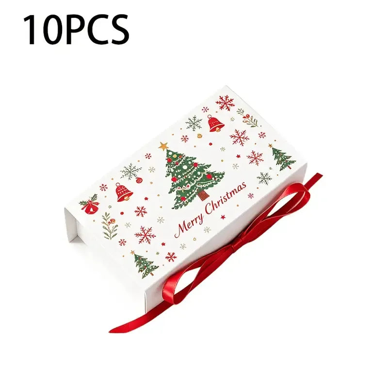 10pcs Christmas Gift Box with Ribbon, Rectangular Gift Box with Christmas Tree and Snowflake Print, Luxury Flip-Top Candy and Cookie Packaging Box, Suitable for Holiday Chocolates, Cookies, and Wedding Small Gifts./WHITE