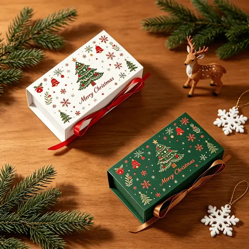 10pcs Christmas Gift Box with Ribbon, Rectangular Gift Box with Christmas Tree and Snowflake Print, Luxury Flip-Top Candy and Cookie Packaging Box, Suitable for Holiday Chocolates, Cookies, and Wedding Small Gifts./WHITE