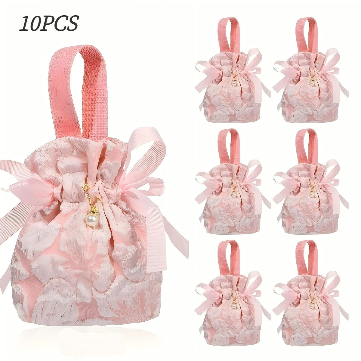 10PCS Pink Jacquard Drawstring Gift Bags – Satin Ribbon Bow with Pearl Pendant, Sweet & Romantic, Perfect for Gifting and Storage Alike.