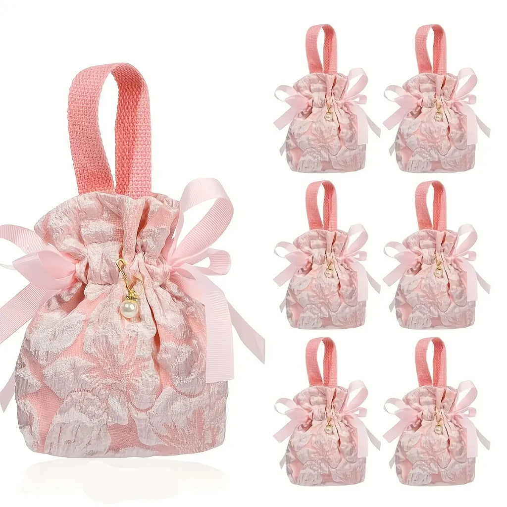 10PCS Pink Jacquard Drawstring Gift Bags – Satin Ribbon Bow with Pearl Pendant, Sweet & Romantic, Perfect for Gifting and Storage Alike.