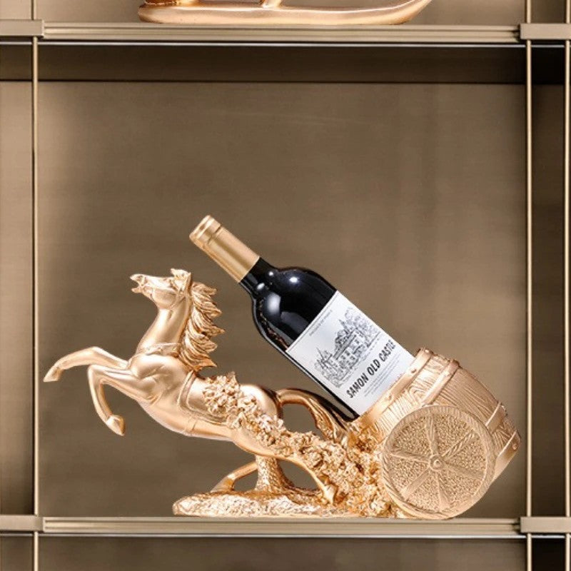 golden Freestanding Luxury Wine Rack, Stable Partitioned Storage, Hand-Carved "Success at First Attempt" Horse, Housewarming Gift