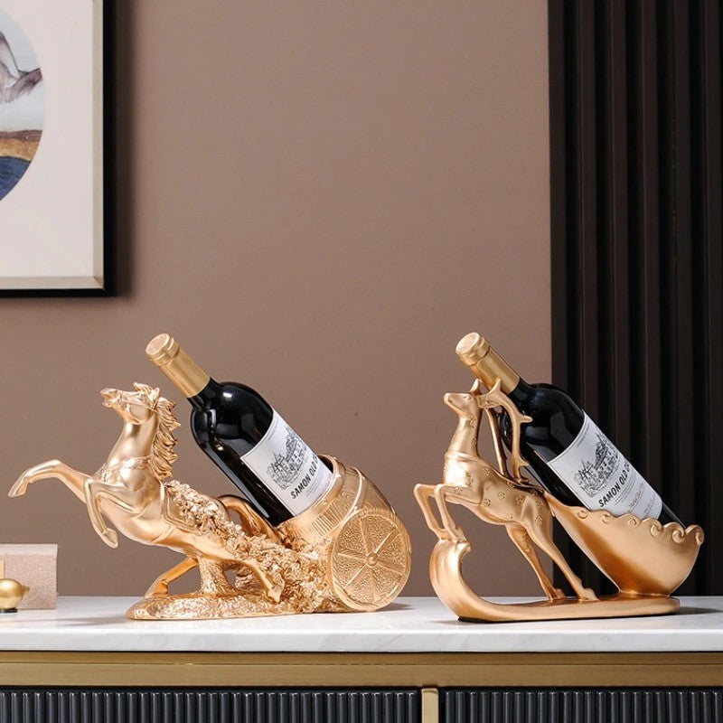 golden Freestanding Luxury Wine Rack, Stable Partitioned Storage, Hand-Carved "Success at First Attempt" Horse, Housewarming Gift