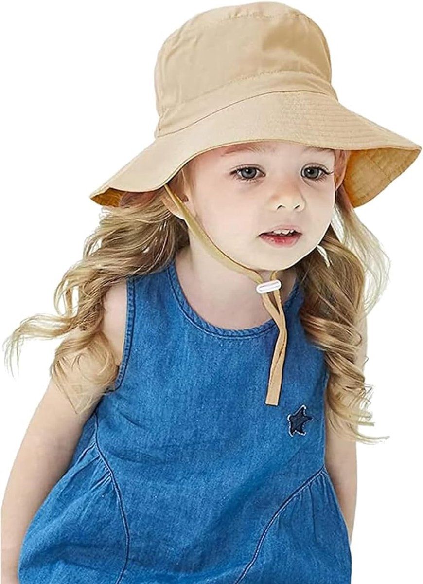 Baby Sun Hat Wide Brim Breathable Cotton Foldable Bucket Hat With Chin Strap For Beach Travel, Khaki XS 0 to 8 Months, 44 to 46 cm