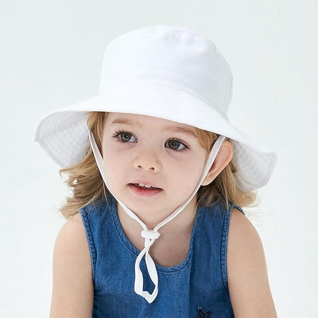 Baby Sun Hat With Wide Brim, Lightweight Breathable Cotton, Foldable Beach Bucket Hat For Boys And Girls, White XS 0 to 8 Months, 44 to 46 cm