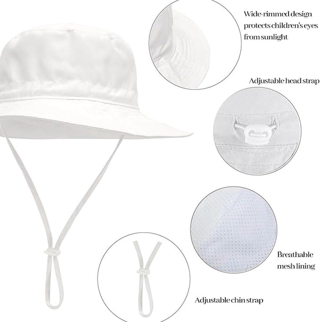 Baby Sun Hat With Wide Brim, Lightweight Breathable Cotton, Foldable Beach Bucket Hat For Boys And Girls, White XS 0 to 8 Months, 44 to 46 cm