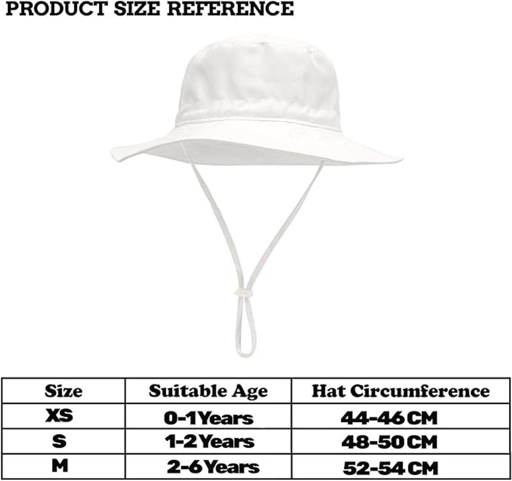 Baby Sun Hat With Wide Brim, Lightweight Breathable Cotton, Foldable Beach Bucket Hat For Boys And Girls, White XS 0 to 8 Months, 44 to 46 cm