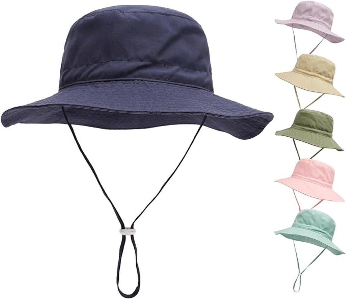 Baby Sun Hat With Wide Brim, Breathable Cotton Foldable Bucket Hat For Beach And Outdoor, Unisex, Dark Blue XS, 44 to 46 cm