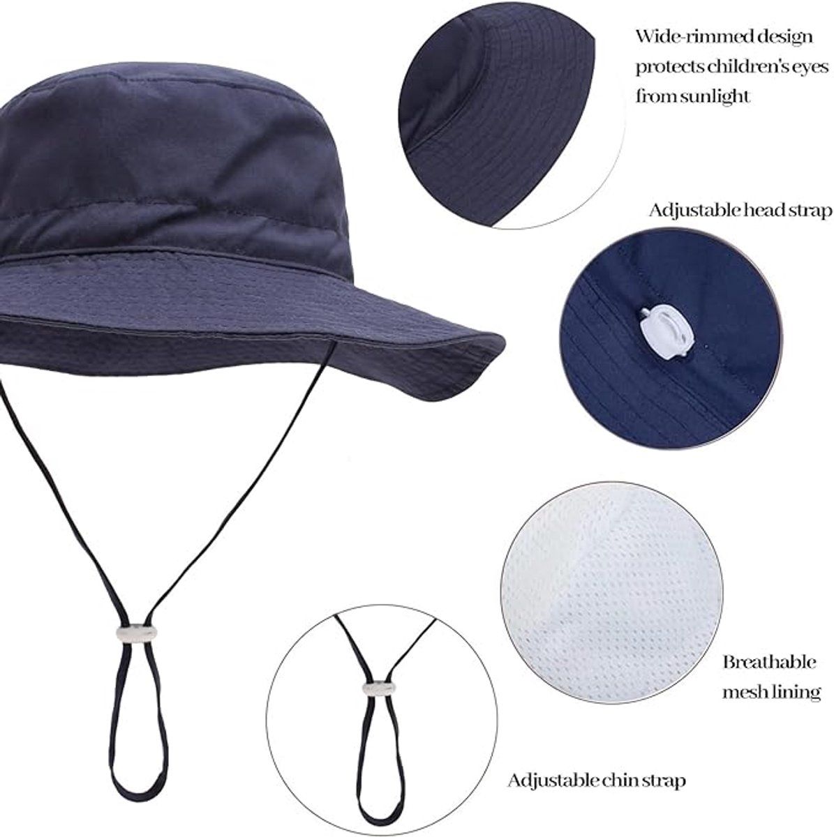 Baby Sun Hat With Wide Brim, Breathable Cotton Foldable Bucket Hat For Beach And Outdoor, Unisex, Dark Blue XS, 44 to 46 cm