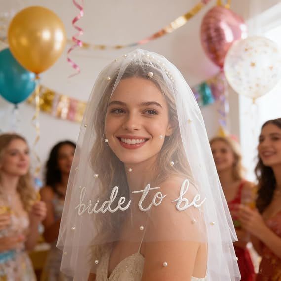 Bride to Be Pearl Veil Embroidered White