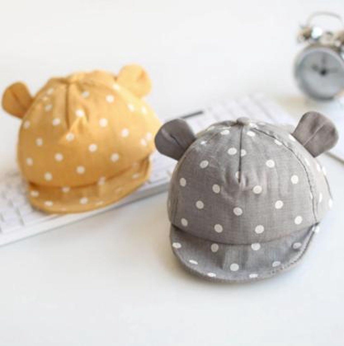 Baby Cap with Ears and White Dots Yellow