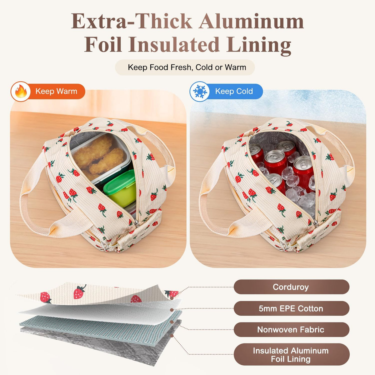 Lunch Box for Women, Cute Strawberry Corduroy Insulated Lunch Bag Women Reusable Work Leakproof Simple Adults Large Lunch Boxes Tote Bag Men Cooler Bag