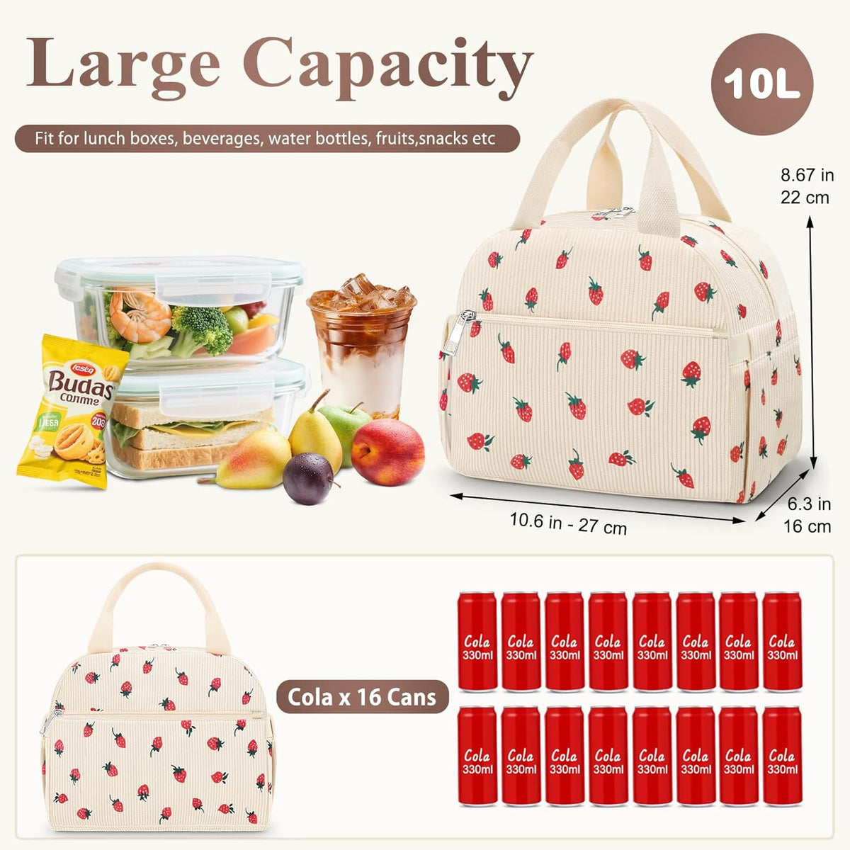Lunch Box for Women, Cute Strawberry Corduroy Insulated Lunch Bag Women Reusable Work Leakproof Simple Adults Large Lunch Boxes Tote Bag Men Cooler Bag