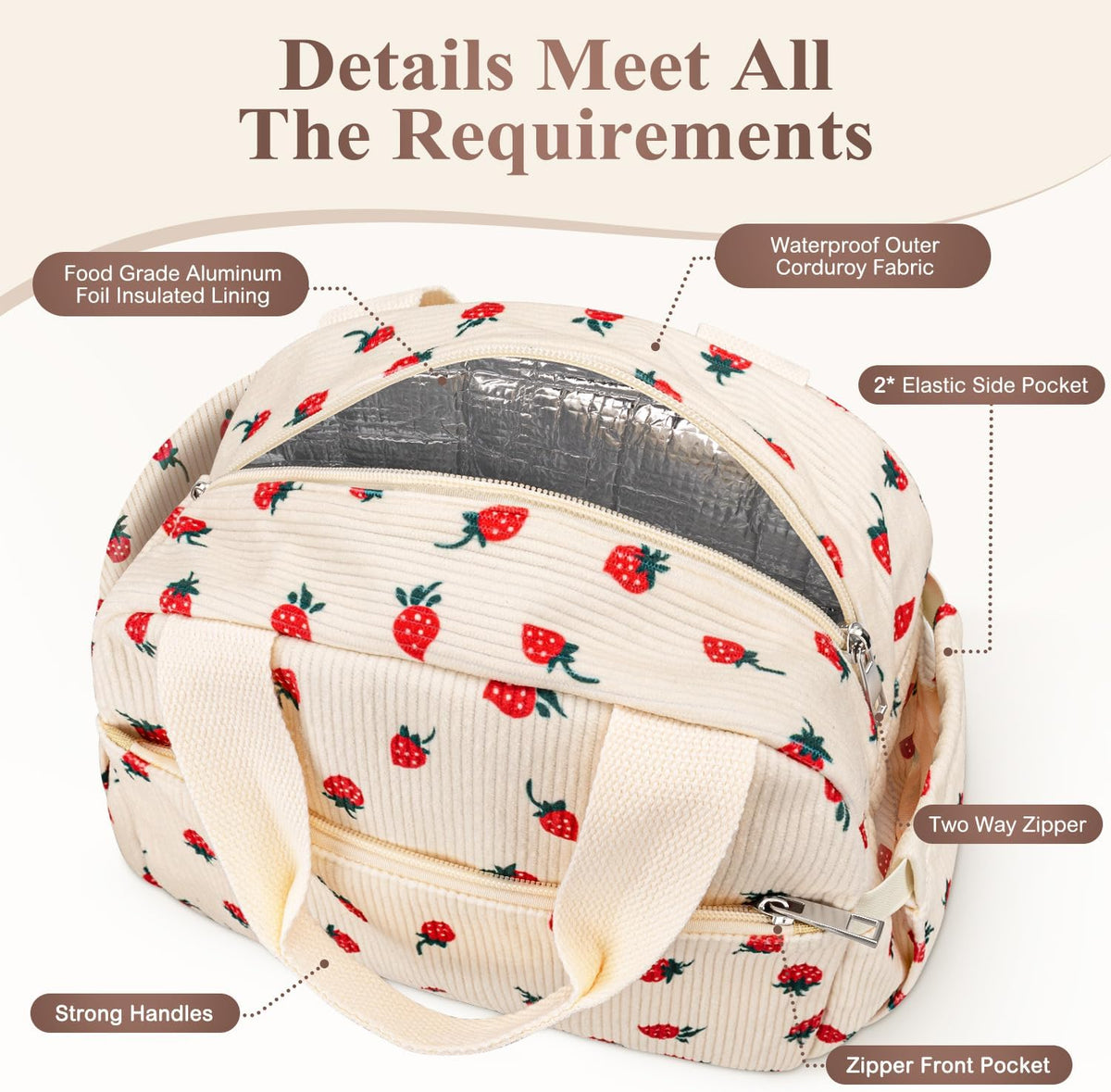 Lunch Box for Women, Cute Strawberry Corduroy Insulated Lunch Bag Women Reusable Work Leakproof Simple Adults Large Lunch Boxes Tote Bag Men Cooler Bag
