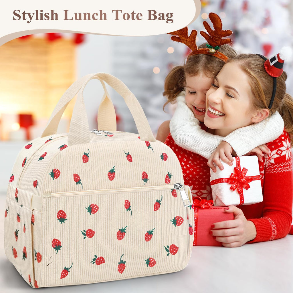 Lunch Box for Women, Cute Strawberry Corduroy Insulated Lunch Bag Women Reusable Work Leakproof Simple Adults Large Lunch Boxes Tote Bag Men Cooler Bag