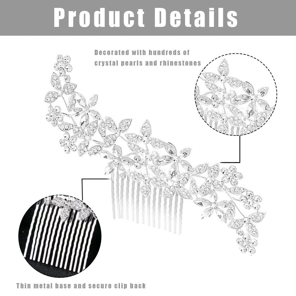 2 Pack Bridal Wedding Hair Pins Rhinestones Flower Hair Combs Pins Bride Hairpieces Gorgeous Hair Accessories for Brides Bridesmaids Women Girls Updo (Gold, Silver)
