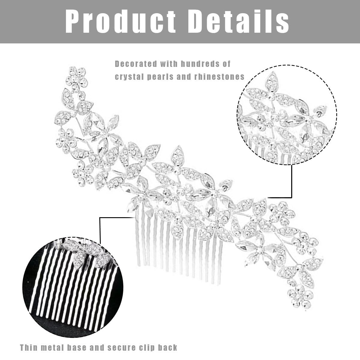 2 Pack Bridal Wedding Hair Pins Rhinestones Flower Hair Combs Pins Bride Hairpieces Gorgeous Hair Accessories for Brides Bridesmaids Women Girls Updo (Gold, Silver)