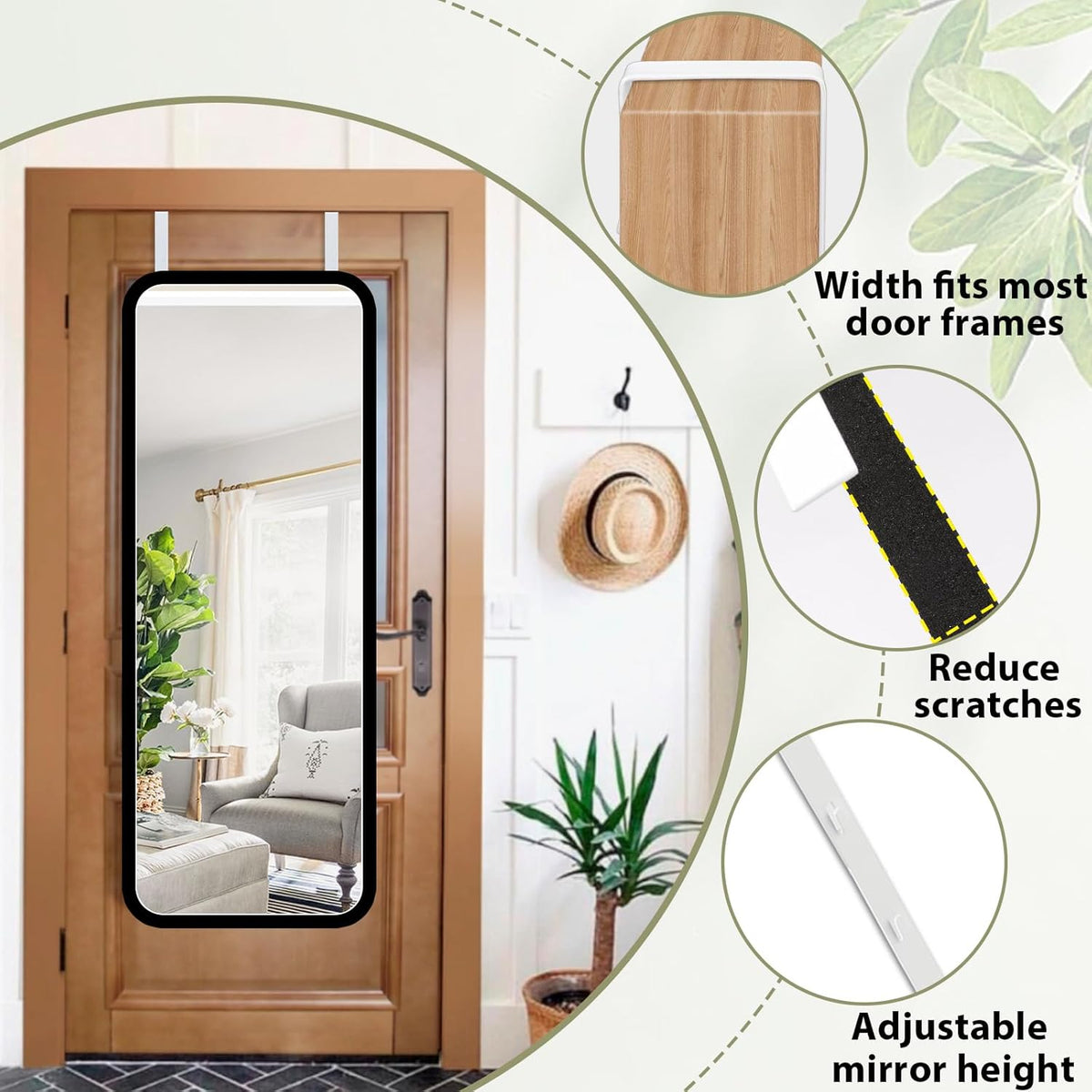 Over-The-Door Mirror Hanger, Adjustable 13.6 in Door Mirrors Hanger with Protective Lining, Prevent Scratches, 2 Pcs Mirrors Brackets Perfect Height and Fit (Mirror Not Included) - White