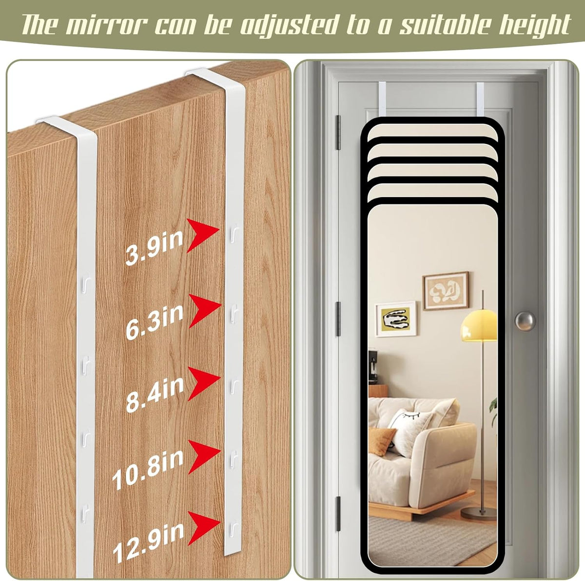 Over-The-Door Mirror Hanger, Adjustable 13.6 in Door Mirrors Hanger with Protective Lining, Prevent Scratches, 2 Pcs Mirrors Brackets Perfect Height and Fit (Mirror Not Included) - White