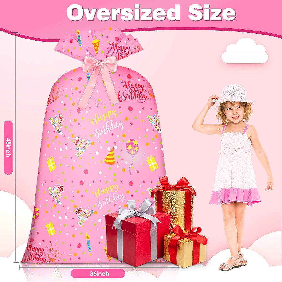 Extra Large Gift Bag Girl Birthday Jumbo Gift Bag, Bday Pink Giant Plastic Oversized Gift Bag Huge Gift Wrap Bag Birthday Bag Wrapping Bag for Large Gift(48inch 1Pack)