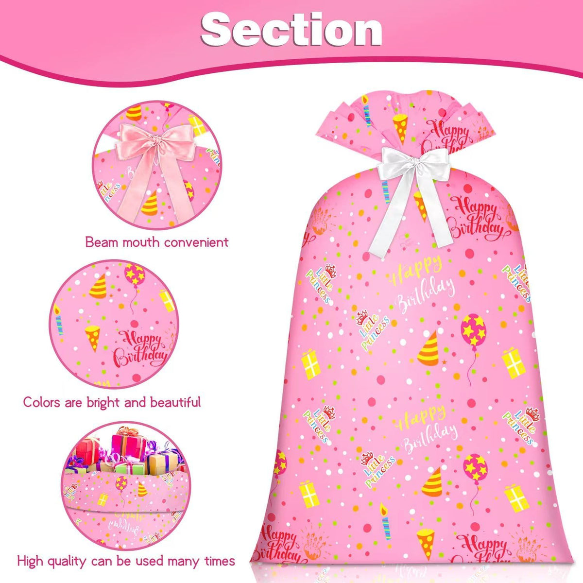 Extra Large Gift Bag Girl Birthday Jumbo Gift Bag, Bday Pink Giant Plastic Oversized Gift Bag Huge Gift Wrap Bag Birthday Bag Wrapping Bag for Large Gift(48inch 1Pack)