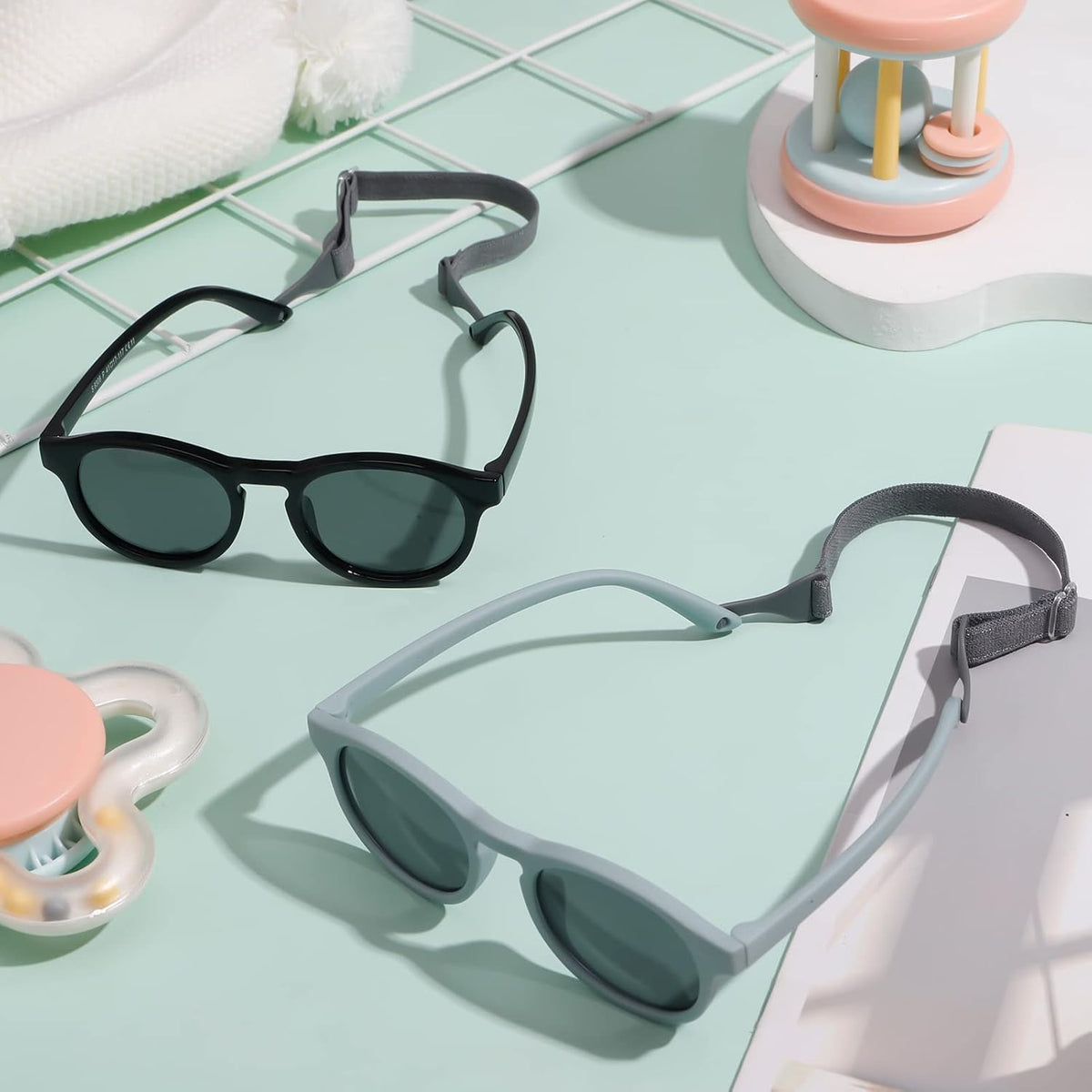 2 PCS Baby Toddler Sunglasses with Strap Kids Polarized Sun Glasses UV-400 Flexible Frame Unbreakable Sunglasses for Boys and Girls Age 0-3