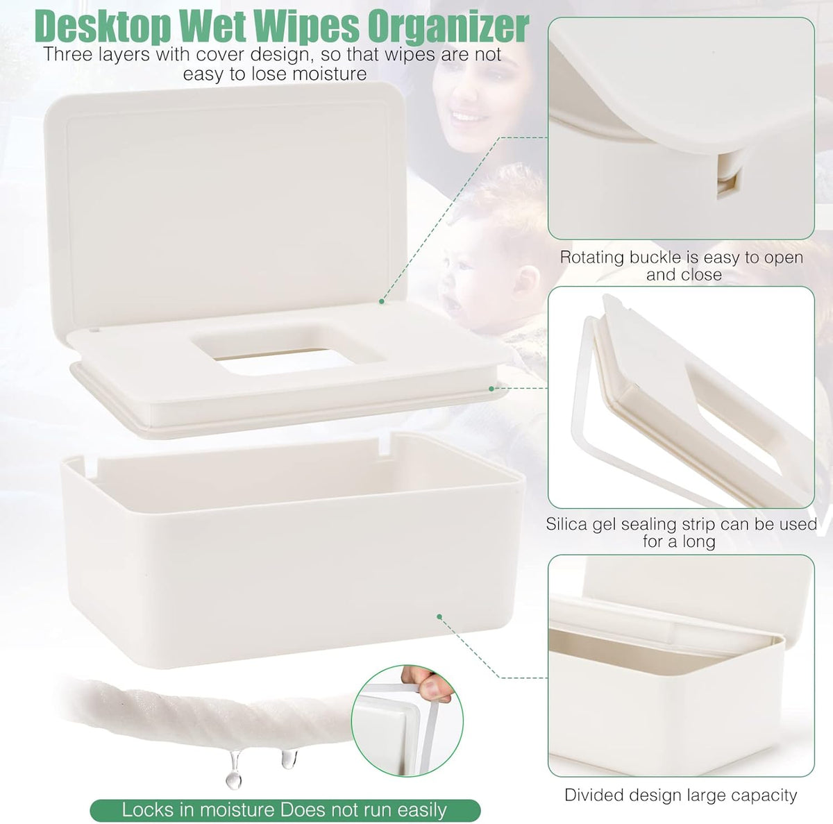 Baby Wipes Dispenser, Wipe Holder for Baby & Adult,Keeps Wet Tissue Fresh, Non-Slip Wipes Case, Flushable Wipe Container with Sealing Design Lid