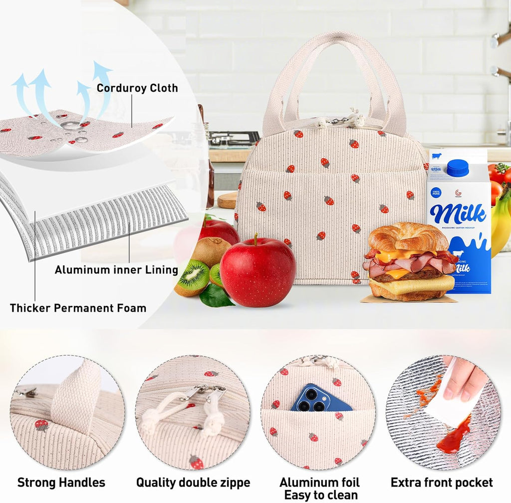 Lunch Bag for Women Girl Cute Strawberry Corduroy Lunch Tote Bags Leakproof Lunch Box Bag Large Capacity Reusable Insulated Cooler Lunch Container for Work, School, Travel or Picnic